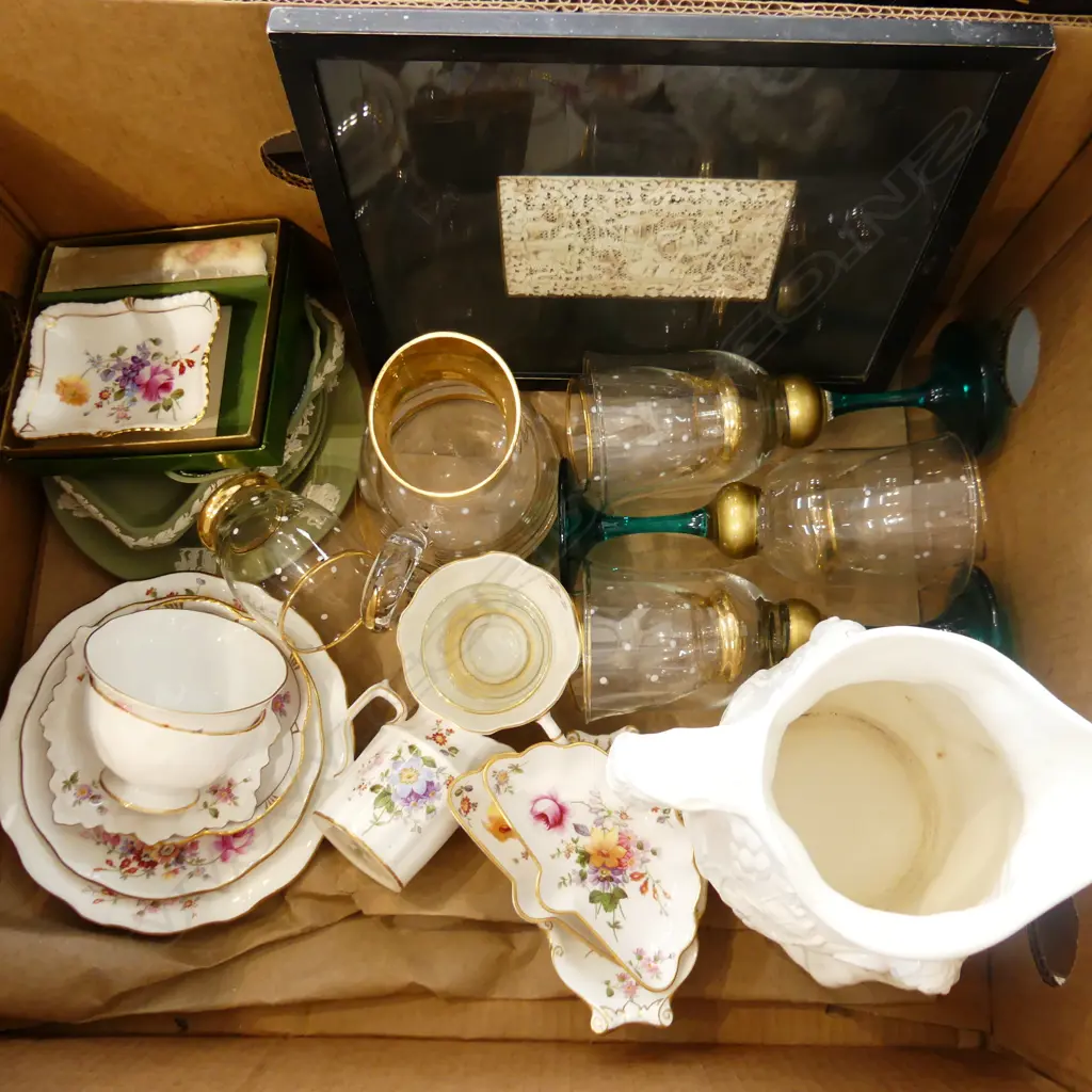 BOX LOT ASST. CHINA; WEDGWOOD, R. CROWN DERBY, JUG, CARVED ORIENTAL ARTWORK Image 1++