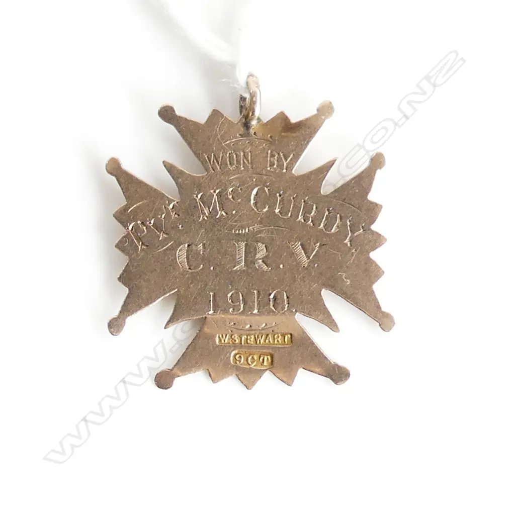 9ct GOLD 1910 MEDALLION 'WON BY PVT McCURDY C.R.V by W.Stewart (NZ) 2.48gms Image 1++