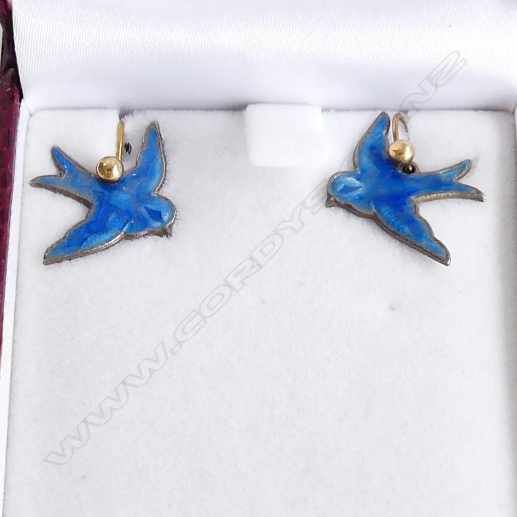 PR VINTAGE ENAMEL BLUE SWALLOW DROP EARRINGS  Image 1++