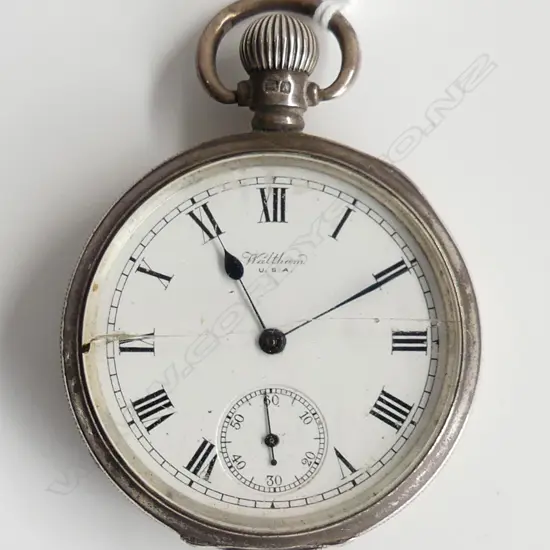 WALTHAM SILVER OPEN FACE POCKET WATCH running glass broken