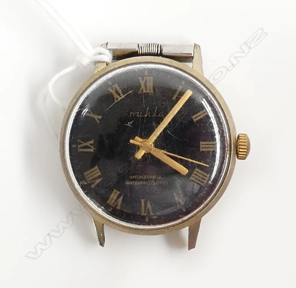 c1940 RUHLA BLACK DIAL GENT'S WRISTWATCH antimagnetic gold plate apparently running Image 1++