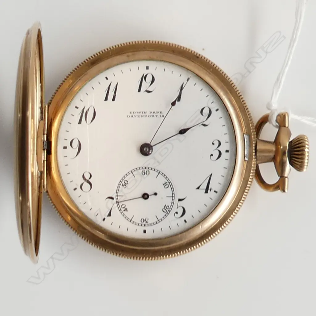 GOLD PLATE HUNTER POCKET WATCH early 20thC 'Edwin Pape Davenport' apparently running Image 1++