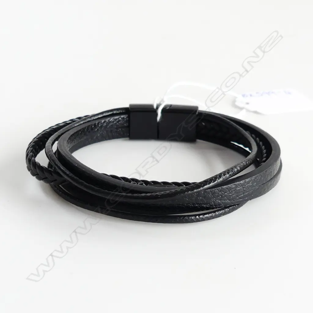 HAND WOVEN BLACK LEATHER BRACELET WITH BLACK MAGNETIC CLASP Image 1++