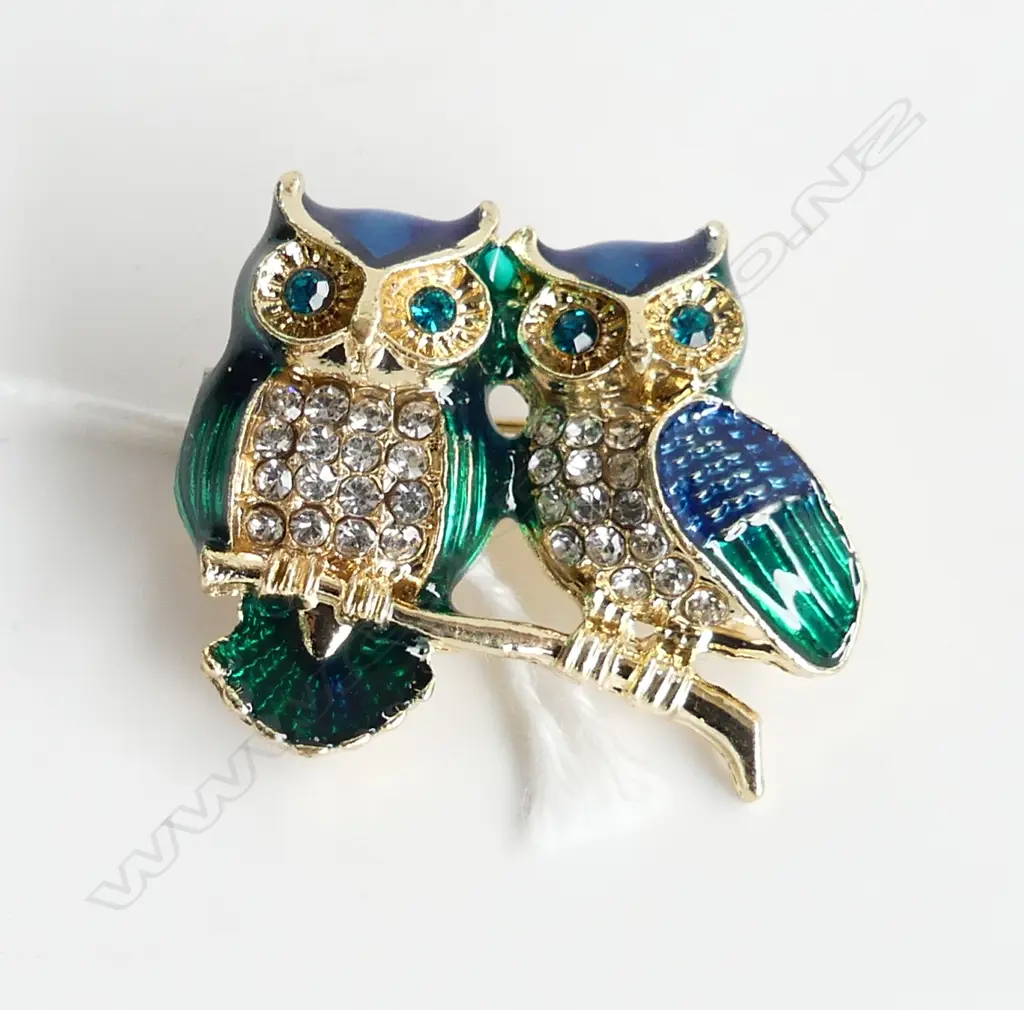 PR GEM SET & ENAMEL OWLS BROOCH Image 1++