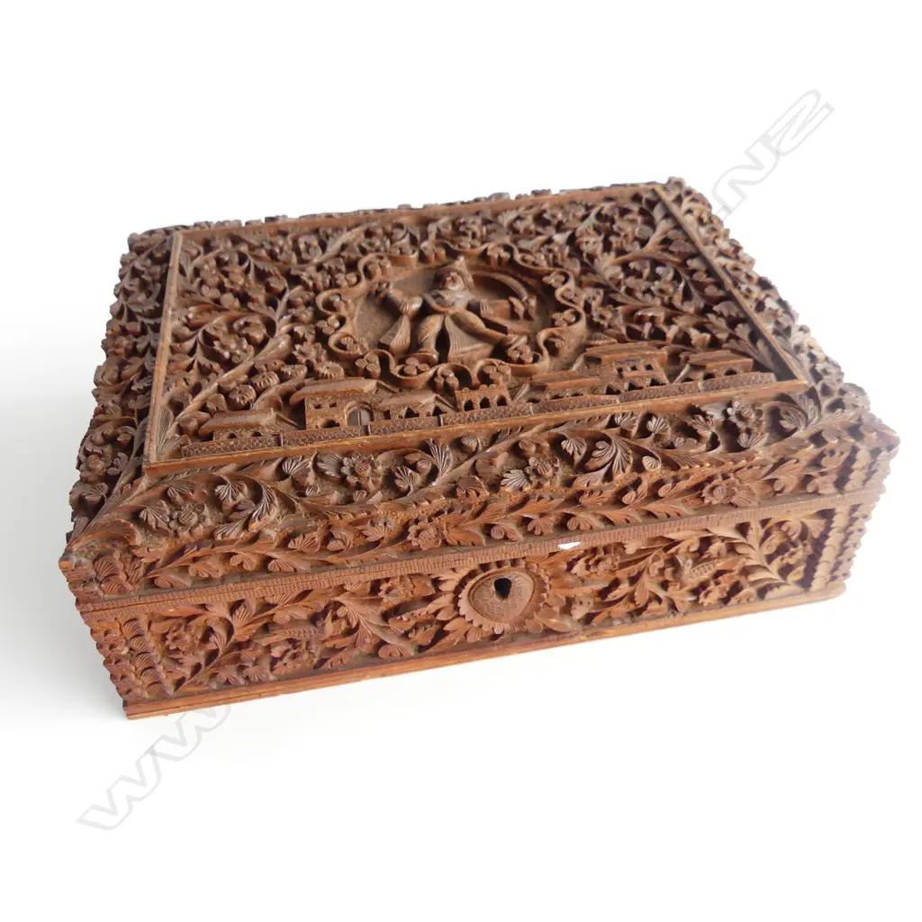 INDIAN CARVED WOODEN BOX DATED 1888 210x160mm Image 1++