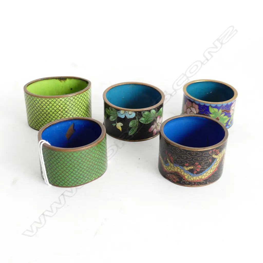 FIVE CLOISONNE NAPKIN RINGS – DRAGON, FLORAL ETC Image 1++