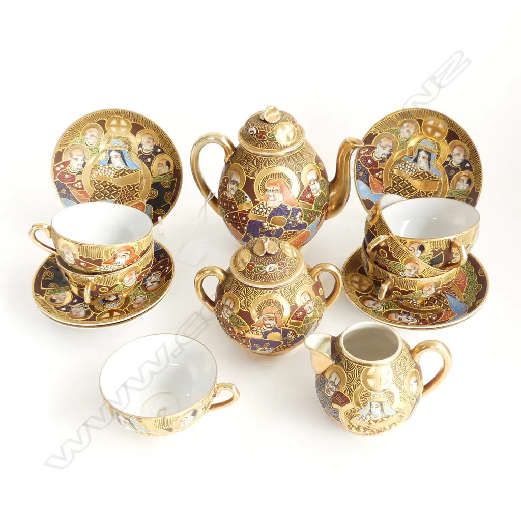 JAPANESE SATSUMA TEA SET WITH GEISHA IMAGE IN BOTTOM OF CUPS Image 1++