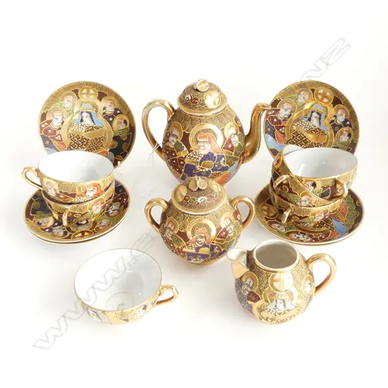 JAPANESE SATSUMA TEA SET WITH GEISHA IMAGE IN BOTTOM OF CUPS