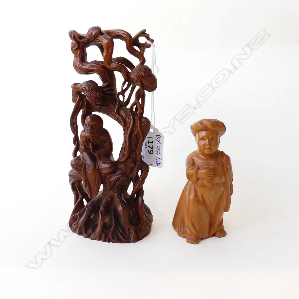 2 ORIENTAL CARVINGS; MAN IN TREE (RESIN) H.170mm / FIGURE H.100mm Image 1++