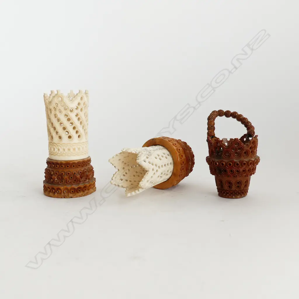 2 CARVED COQUILLA NUT & BONE DICE SHAKERS & COQUILLA NUT BASKET. Image 1++
