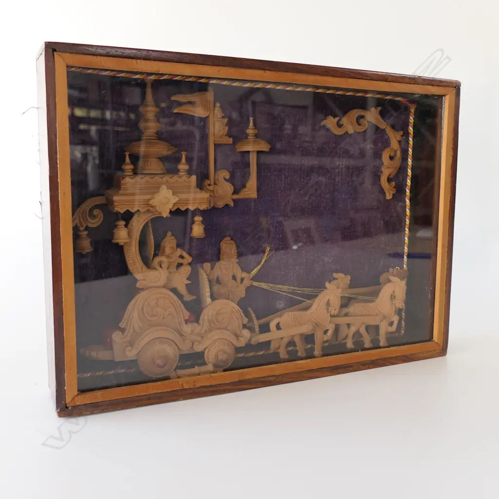 CARVED SANDLEWOOD DIORAMA IN GLAZED BOX Image 1++