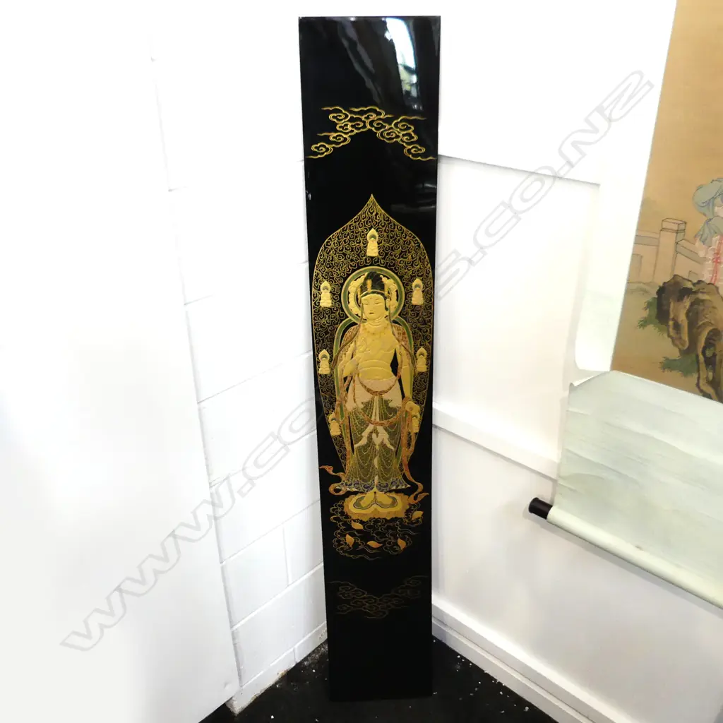 JAPANESE MAKI-E RAISED GOLD LACQUER HAND PAINTED BHUDDISTIC PANEL H1572 W255 Image 1++