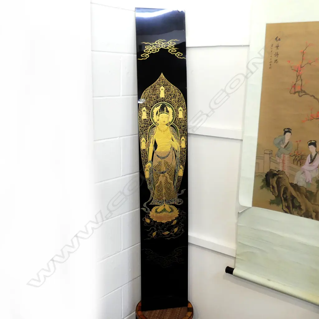JAPANESE MAKI-E RAISED GOLD LACQUER HAND PAINTED BHUDDISTIC PANEL H1572 W255 Image 1++