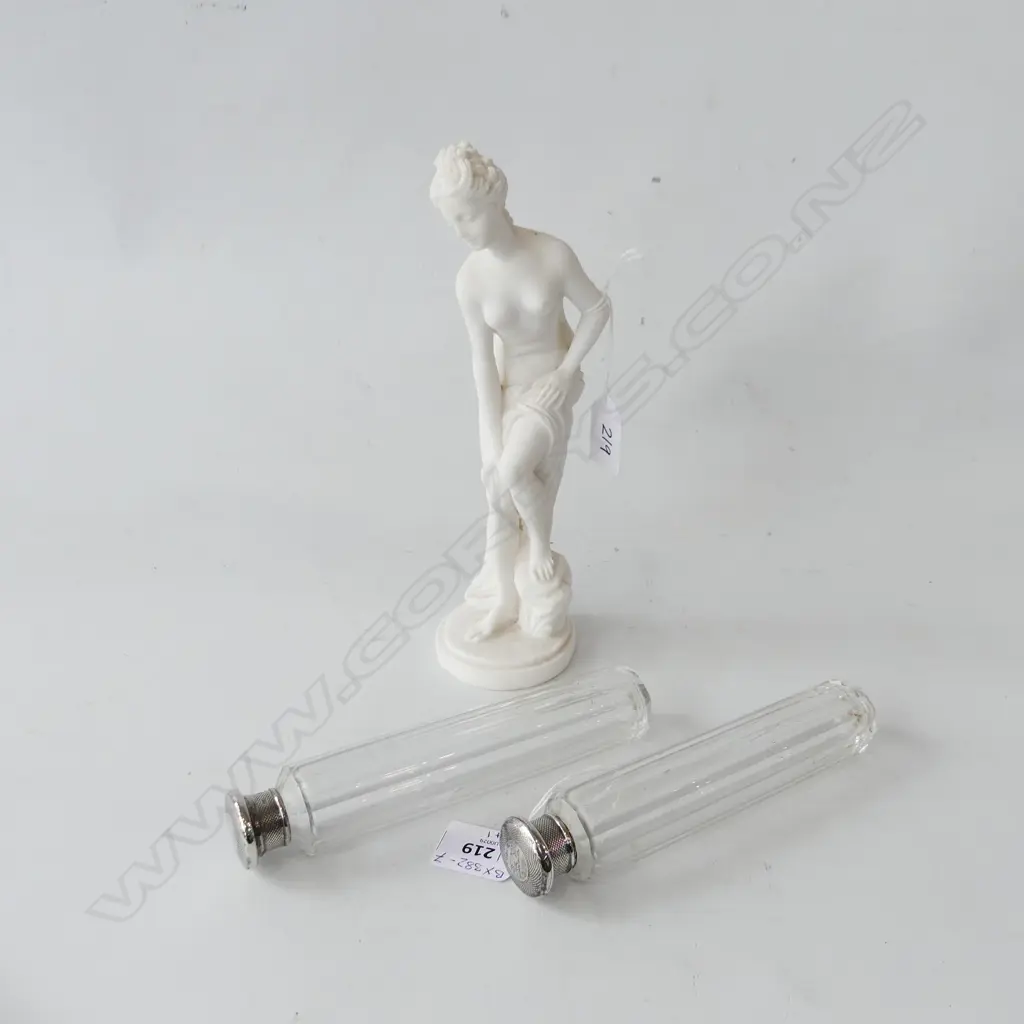 2 VINTAGE DRESSING TABLE BOTTLES, STG SILVER LIDS, H. 175mm + WHITE GRECIAN NAKED WOMAN  FIGURE H. 245mm Image 1++