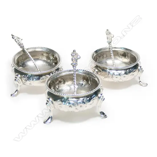 Three Victorian silver salts and three silver salt spoons