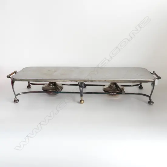 VINTAGE SILVER PLATE BAIN MARIE - BRASS HANDLES, WITH 2 OIL BURNERS  740 X 240mm