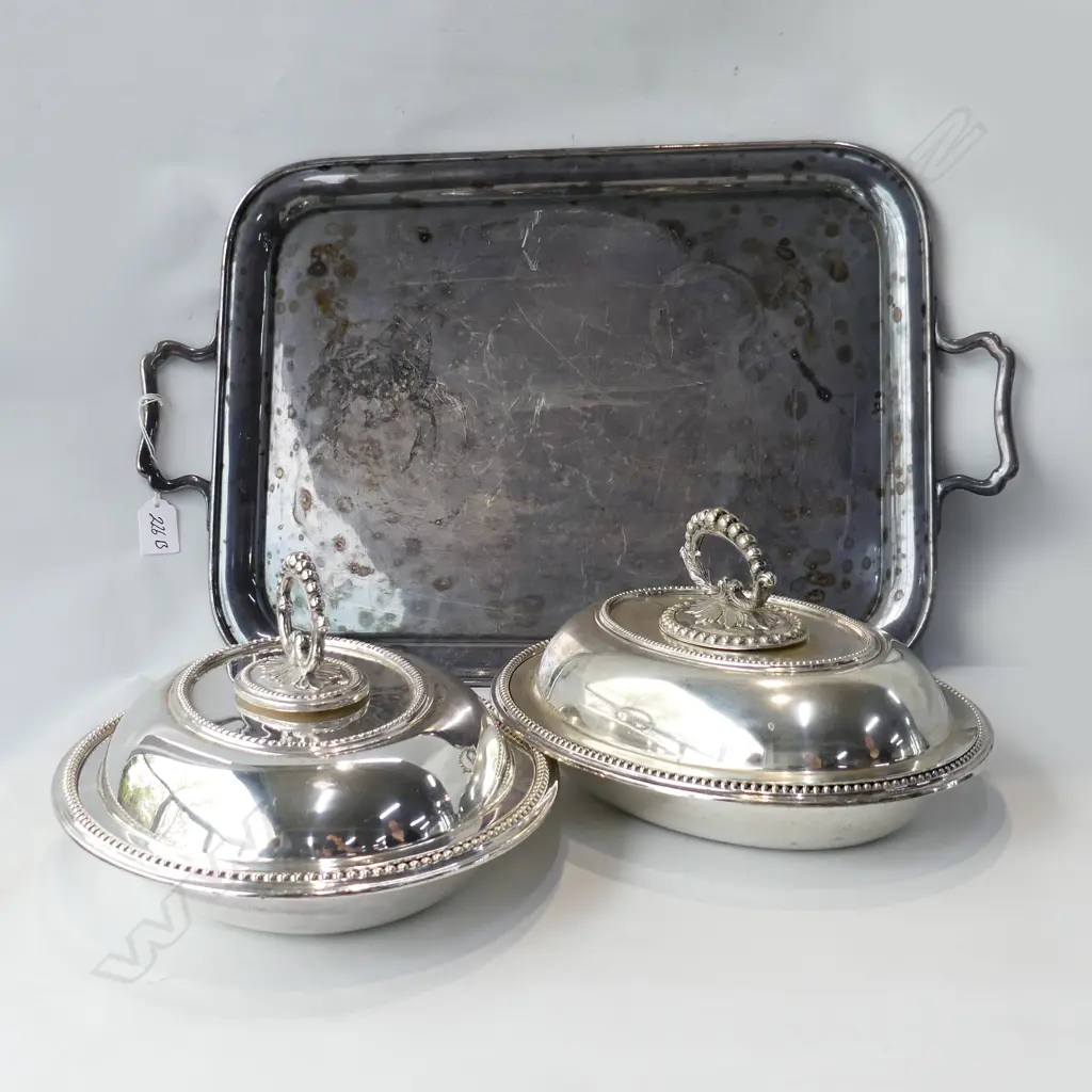 LG SILVER PLATE TRAY (545 X 345mm) + 2 SILVER PLATE LIDDED OVAL SERVING DISHES (L310mm) Image 1++