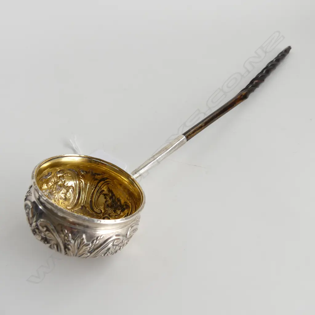 STG SILVER (UNMARKED) TODDY LADLE w. GEORGIAN COIN & TWISTED BALEEN HANDLE L.320mm Image 1++
