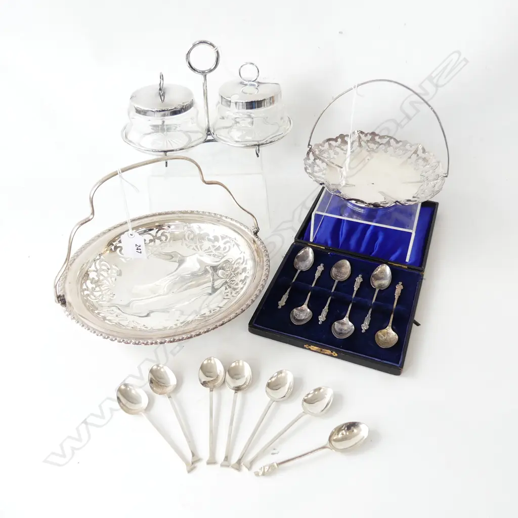 SILVER ITEMS. INCLUDES 7 STERLING TEASPOONS 6 MATCHING. PLATED BOXED MONK SPOONS TWO SILVER PLATED TAZZAS AND CRUET Image 1++