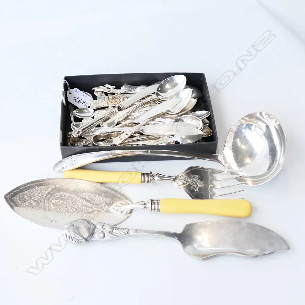 COLLECTION SILVER PLATE CUTLERY, LADLE, FAUX BONE FISH SERVERS, SPOONS ETC.. Image 1++