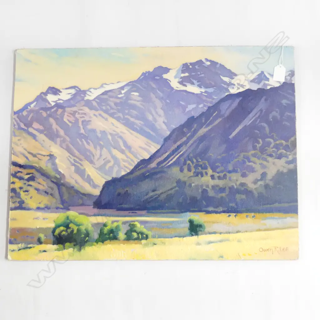 OWEN R. LEE (NZ 1918-2003), MOUNTAIN LANDSCAPE, OIL ON BOARD, 450x595mm UNFRAMED Image 1++