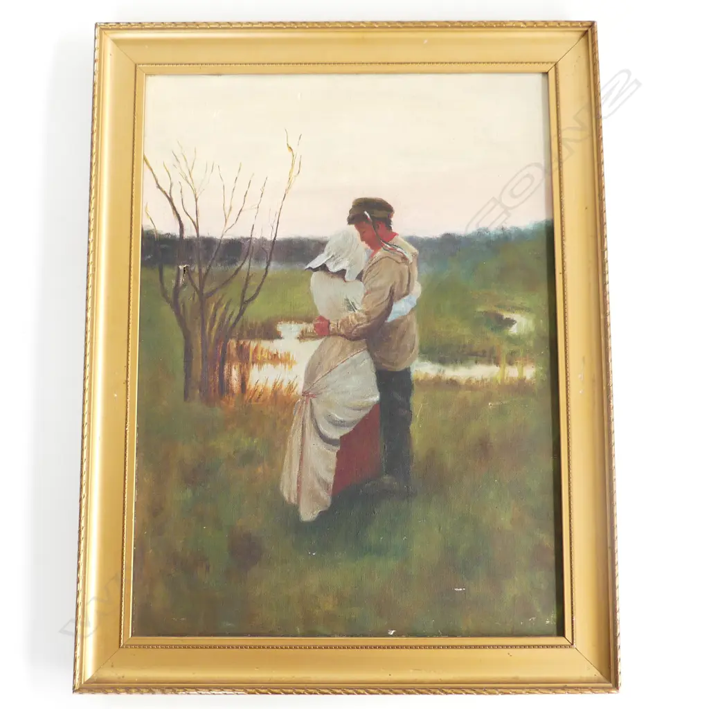 VINTAGE OIL ON CANVAS - COUPLE EMBRACING 290 X 395mm HOLES Image 1++