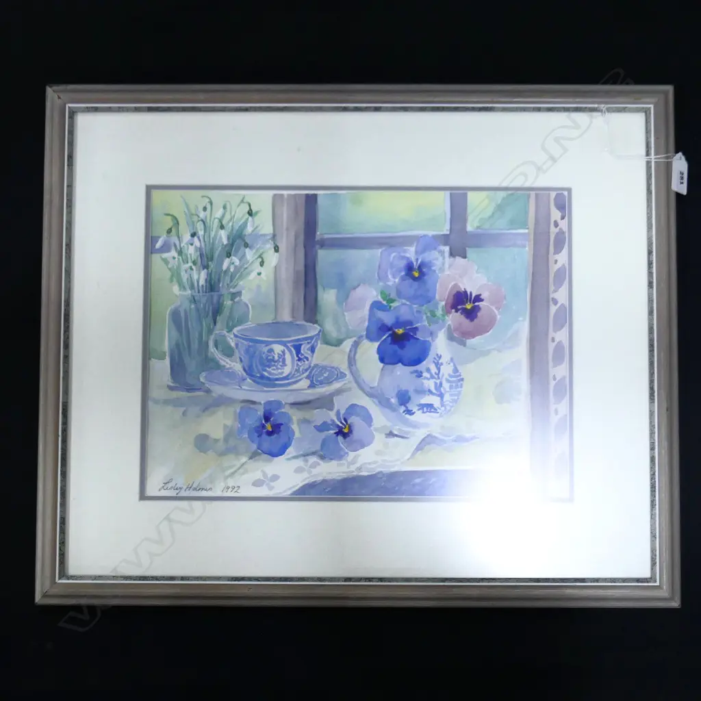 LESLEY HOLMES, W/C STILL LIFE w. PANSIES 265x365mm Image 1++
