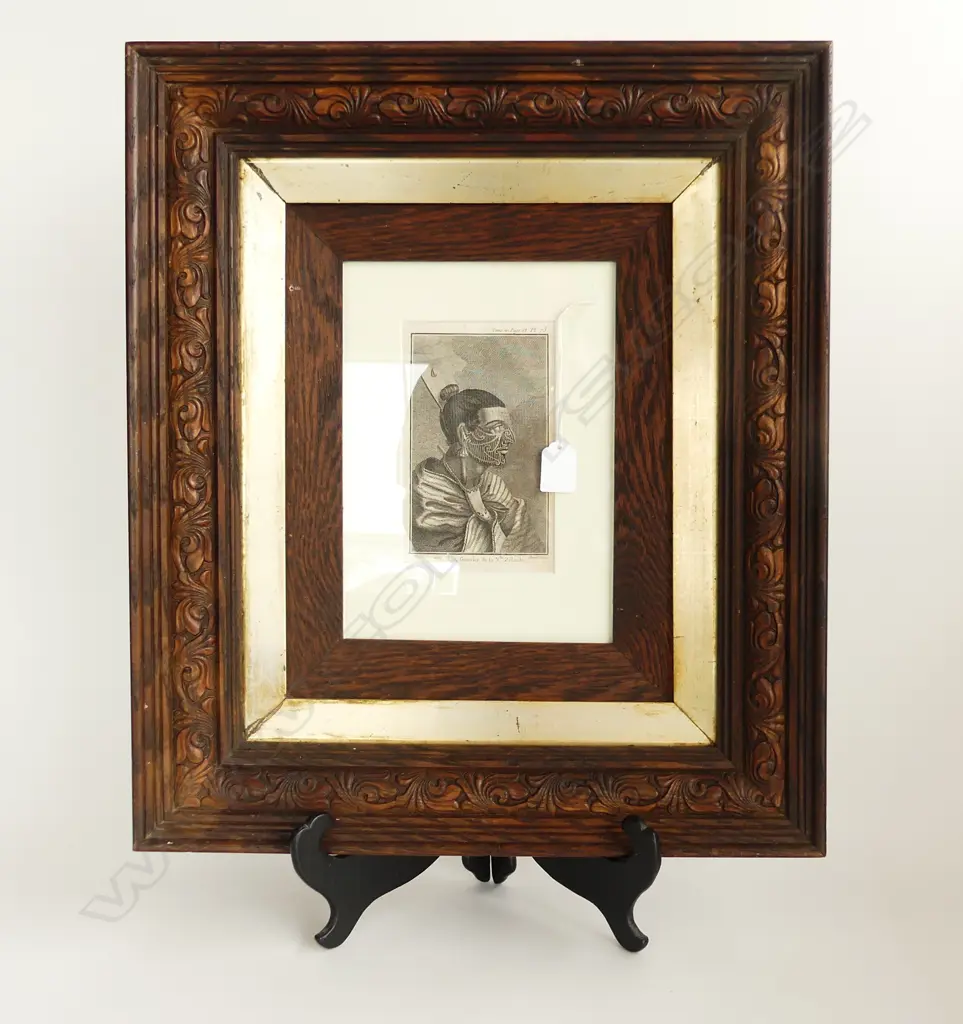 AFTER SYDNEY PARKINSON - HEAD OF A NEW ZEALAND WARRIOR 18TH C. ENGRAVING ORNATELY FRAMED Image 1++