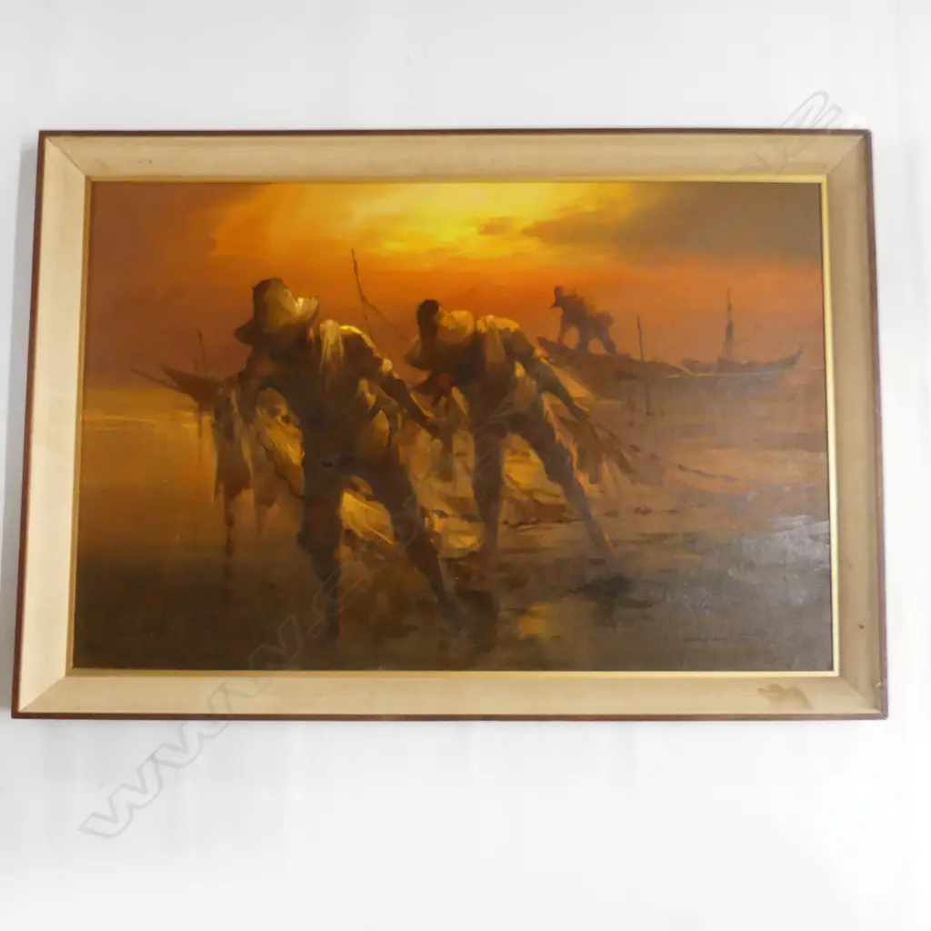 LG SIGNED RETRO FISHERMEN OIL ON CANVAS 595x910mm Image 1++