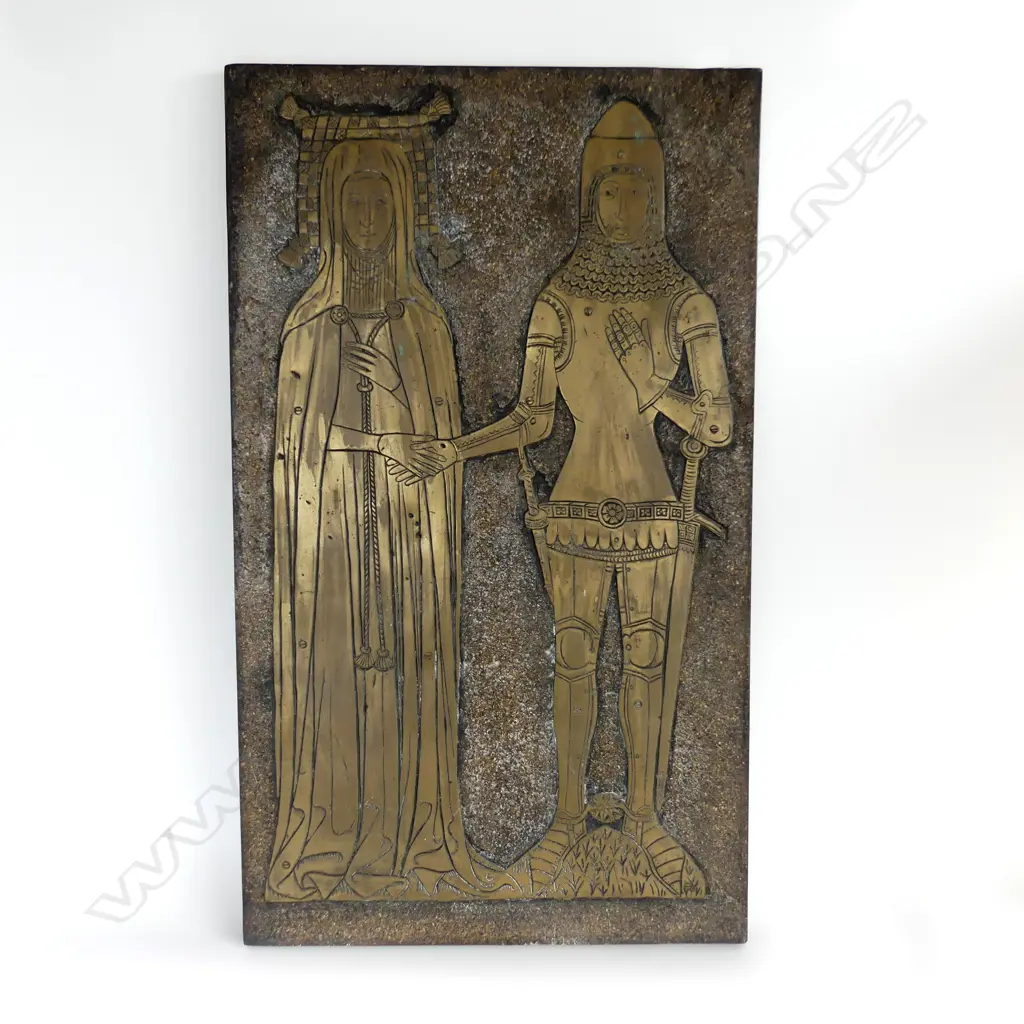 MEDIEVAL STYLE RESIN 'BRASS' ARTWORK 990x585 SIR EDWARD & LADY ELYNE CERNE c.1400 Image 1++