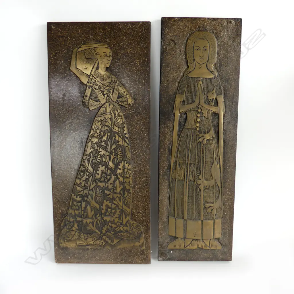 2 MEDIEVAL STYLE RESIN 'BRASS' ARTWORKS; MAGARET PEYTON 1484 & LADY MAUD FOXLEY 1378 850x265mm Image 1++