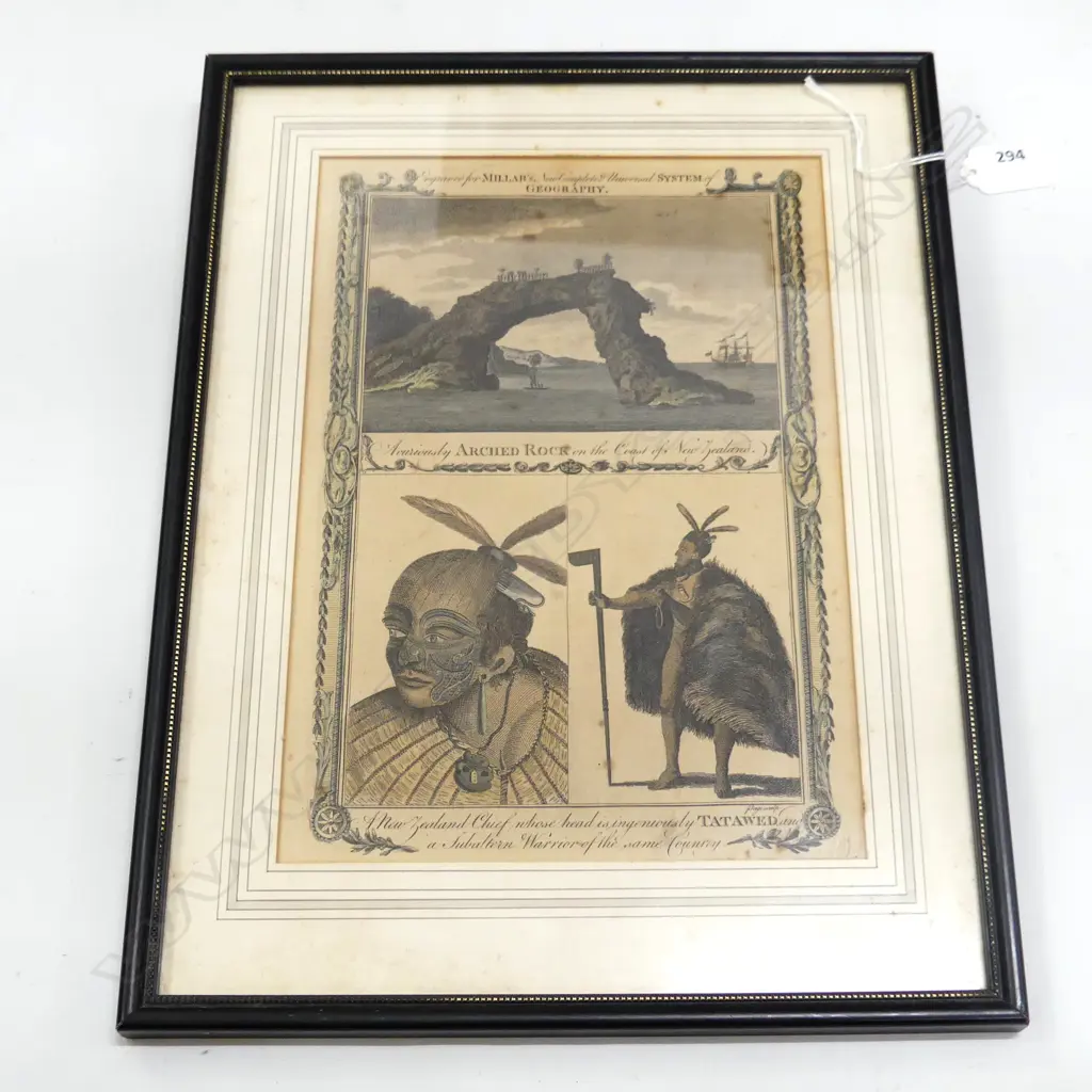 EARLY NZ ENGRAVING FOR MILLARS GEOGRAPHY; ARCHED ROCK & 2 MAORI MEN 290x200mm Image 1++