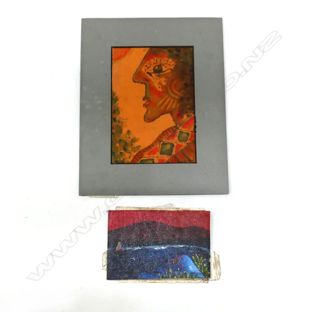 2 ALAN TAYLOR ARTWORKS; OIL ON BOARD 85x135mm, 'TANE' ACRYLIC ON FABRIC 200x120mm Image 1++