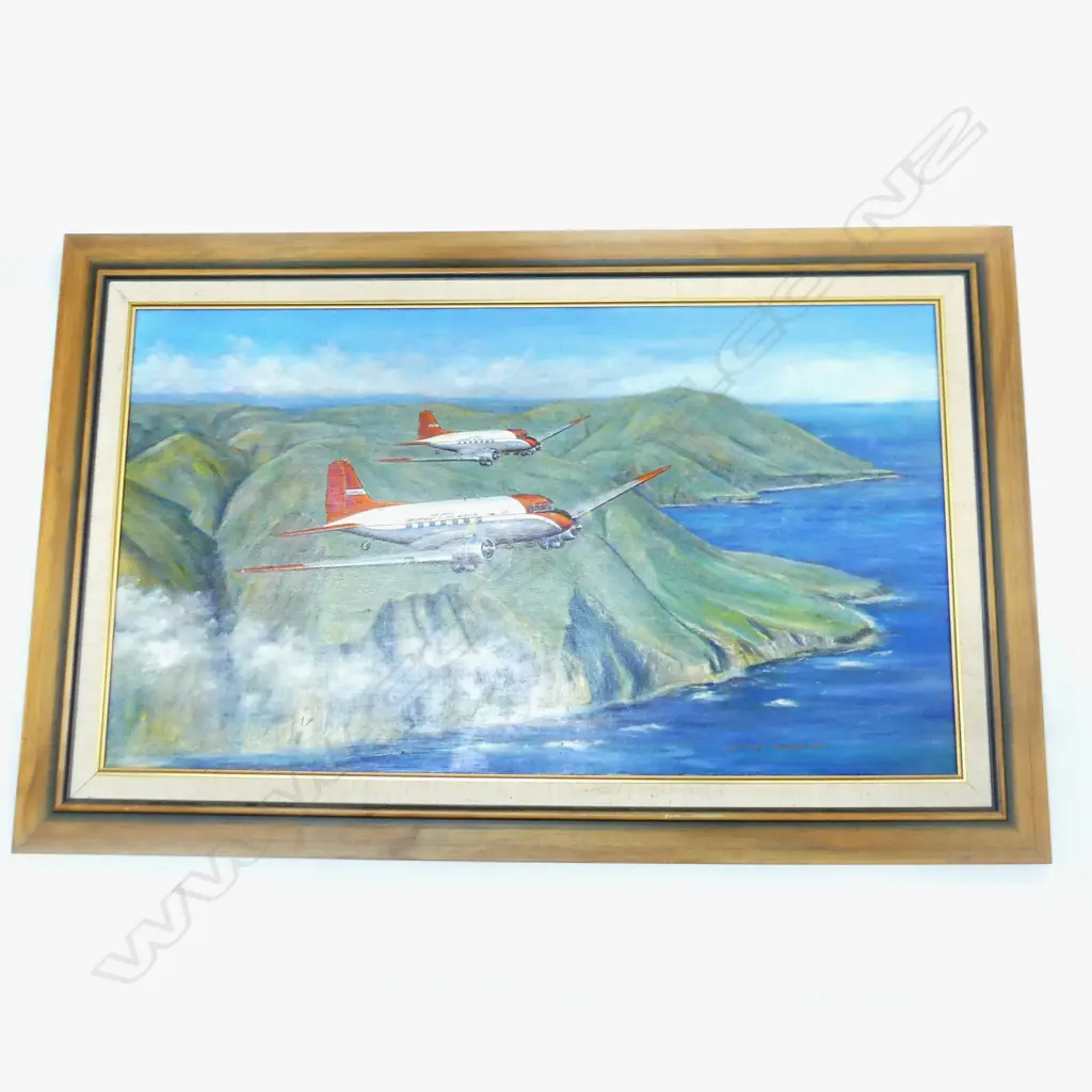 GEORGE GREIG, LG OIL ON CANVAS ARTWORK, 2 DEPARTMENT OF CIVIL AVIATION PLANES, '97 600x1055mm Image 1++