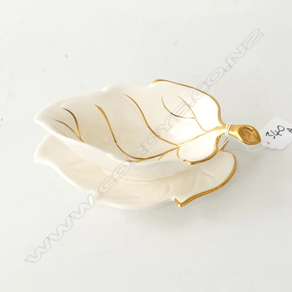 CARLTON WARE LEAF SAUCE JUG WITH  SAUCER, IVORY WITH GOLD GILT Image 1++