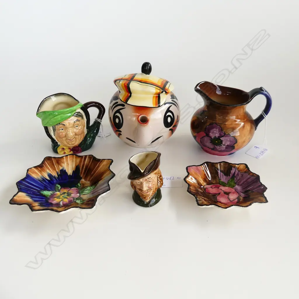 SIX CHINA ITEMS. INCLUDES WADE CHARACTER TEAPOT AS ANDY CAPP THREE H AND K TUNSTALL AND TWO DOULTON CHARACTER JUGS . Image 1++