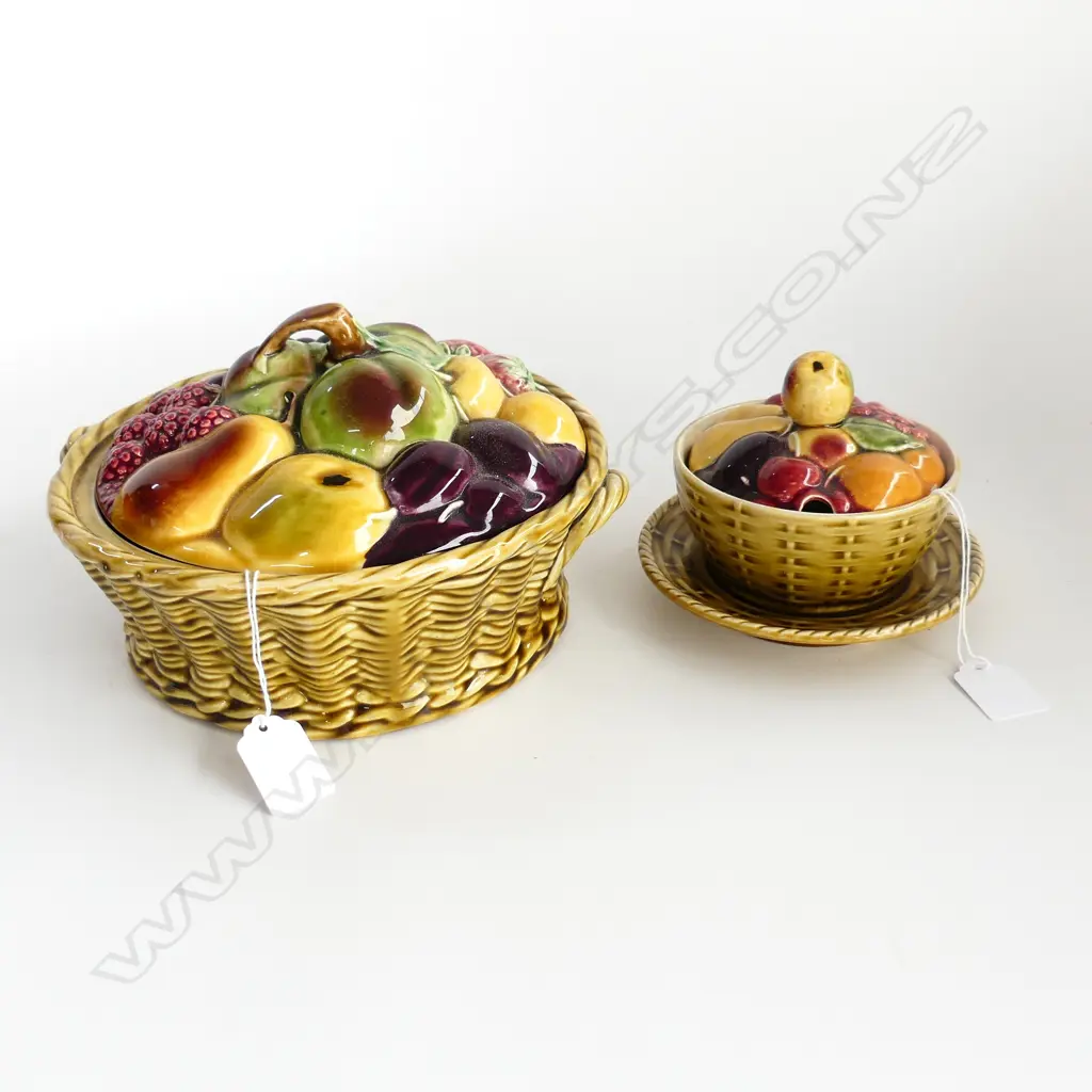 SARREGUEMINES MAJOLICA; LG LIDDED AUTUMN FRUITS DISH (DIA 235mm) + JAM POT WITH UNDER PLATE (DIA 140mm) Image 1++