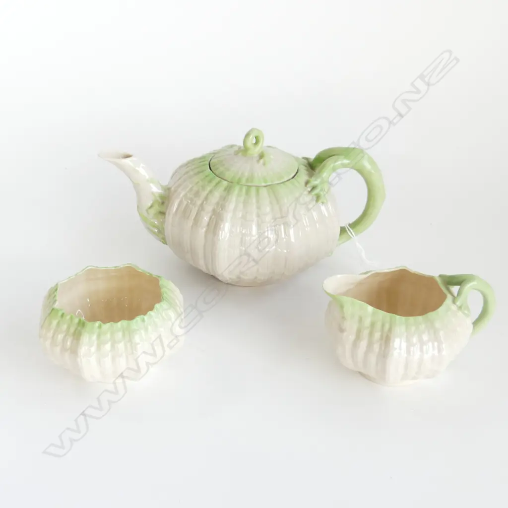 3 PC BELLECK TEASET  BLACK MARK  SHELL PAT.  H.110MM 2 hairline cracks to sugar bowl Image 1++