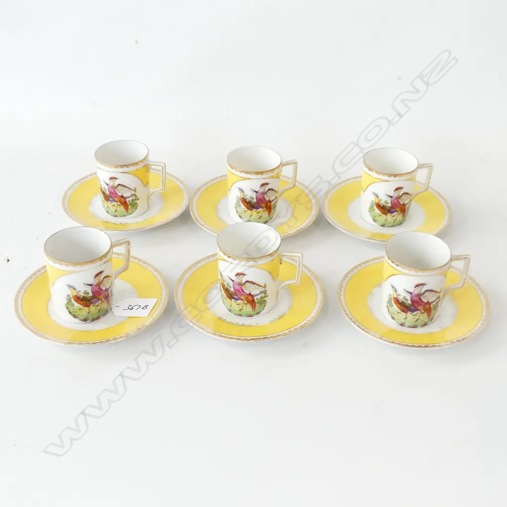 SIX HAND PAINTED GERMAN PORCELAIN DEMITASSE CUPS AND SAUCERS WITH EXOTIC BIRDS ( BASE STAMP RUBBED OFF) Image 1++