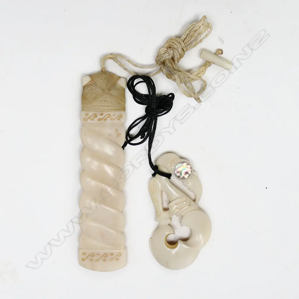 TWO PAUL GYDE CARVED BONE PENDANTS, HEI MANAIA & TOKI, 65-110mm, IN FITTED WOODEN BOXES, Image 1++