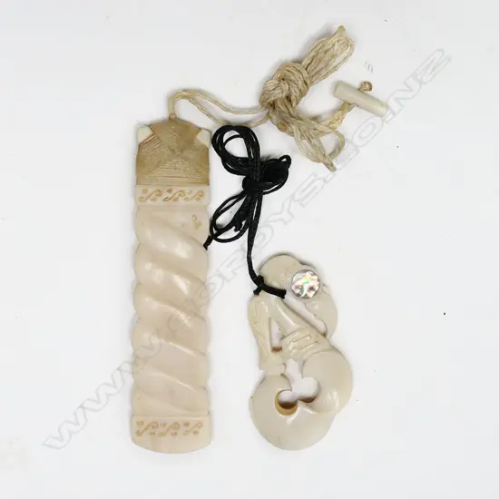 TWO PAUL GYDE CARVED BONE PENDANTS, HEI MANAIA & TOKI, 65-110mm, IN FITTED WOODEN BOXES,