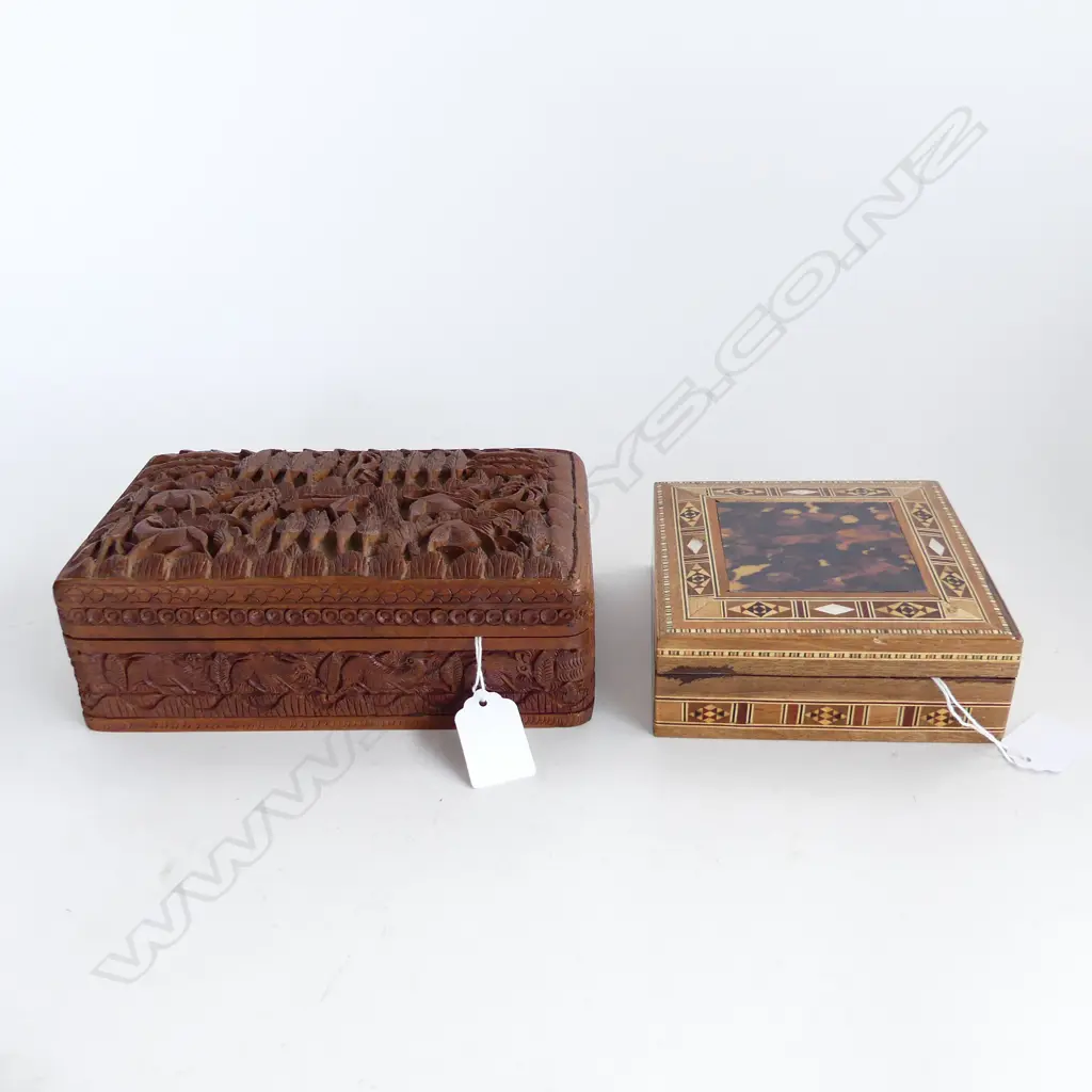 INDIAN CARVED BOX L 20CM W 12CM AND SYRIAN INLAID BOX 13CM X 13CM. Image 1++