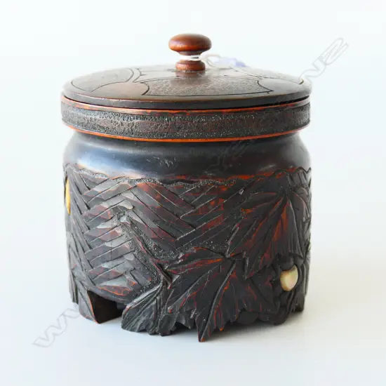 CARVED HARDWOOD LIDDED POT WITH SHELL INLAY