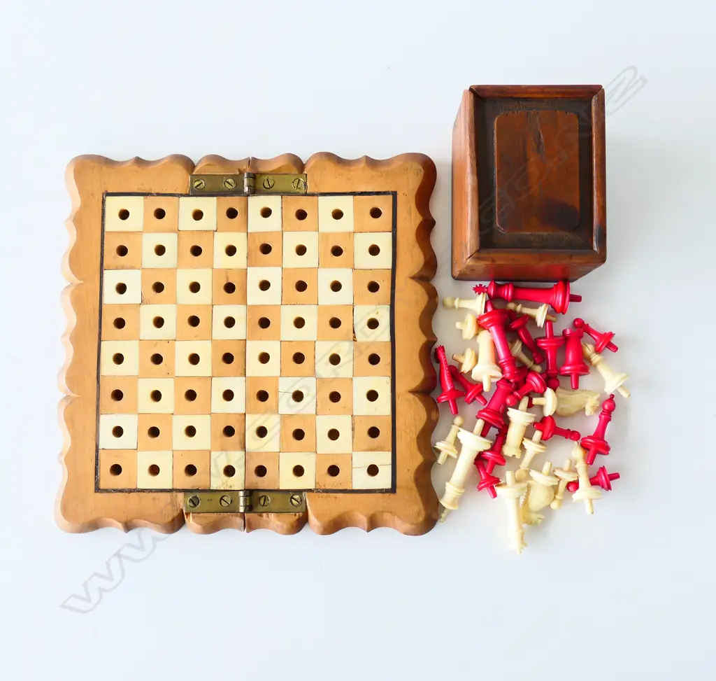 TRAVELLING FOLDING CHESS BOARD WITH BOXED IVORY CHESS PIECES Image 1++
