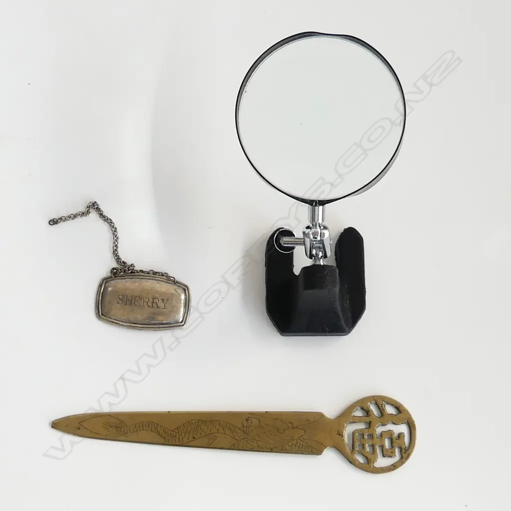 VINTAGE 'STAND MAGNIFIER' BOXED H.100mm. + SHERRY bottle ticket + letter knife Image 1++