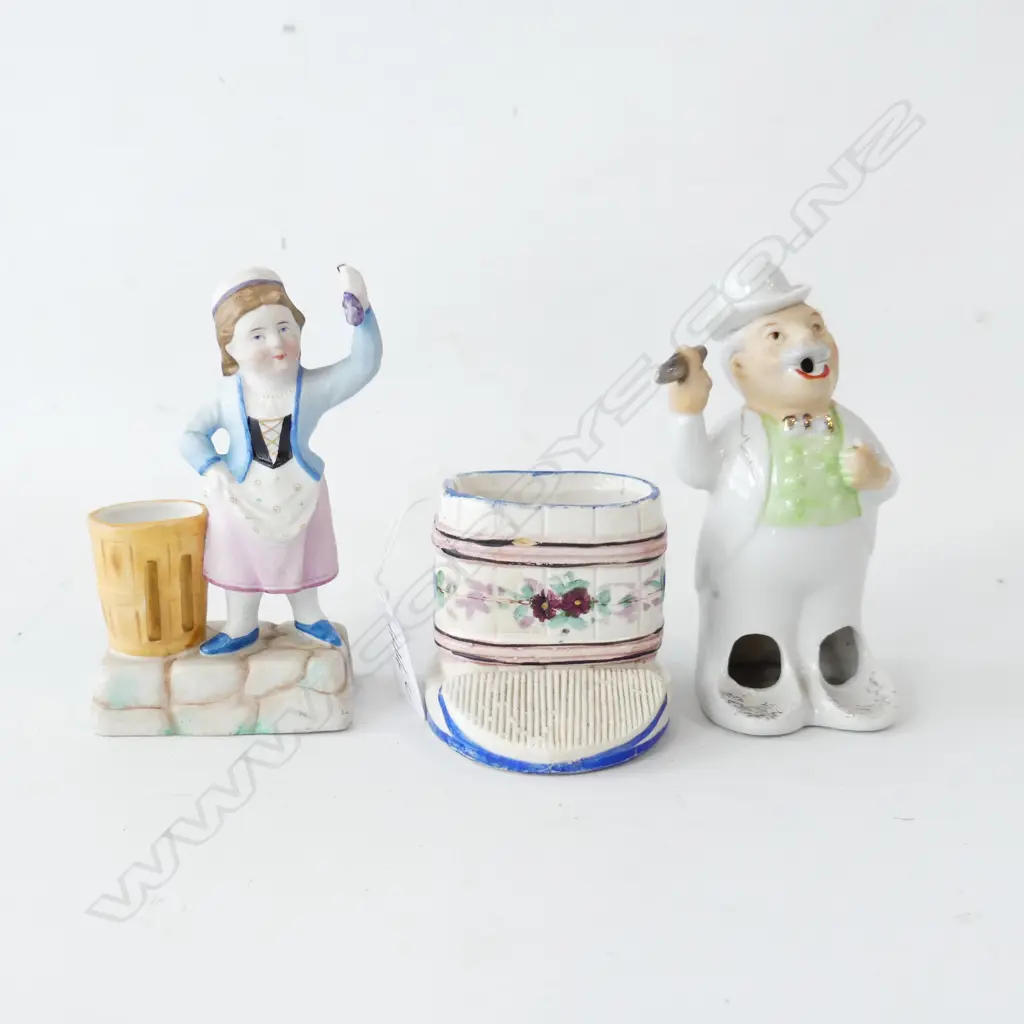 TWO BISQUE ANTIQUE VESTAS – LADY & BARREL AND NOVELTY MAN CIGAR HOLDER Image 1++
