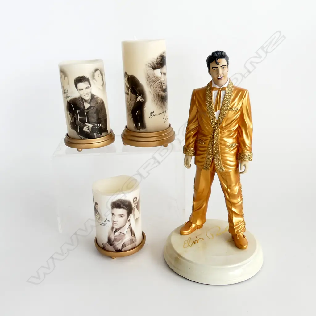 ELVIS COMMEMORATIVE PLATE DIA350MM  FIGURINE H310MM & 3 BATTERY ELVIS CANDLES H180MM TALLEST Image 1++
