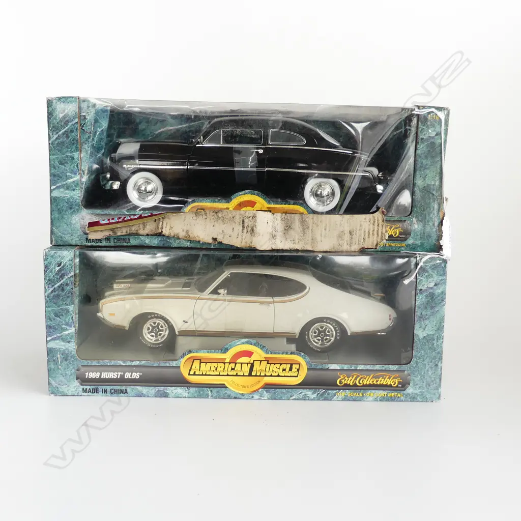 2 AMERICAN MUSCLE DIE CAST CARS 1949 MERCURY COUPE & 1969 HURST OLDS L350MM Image 1++