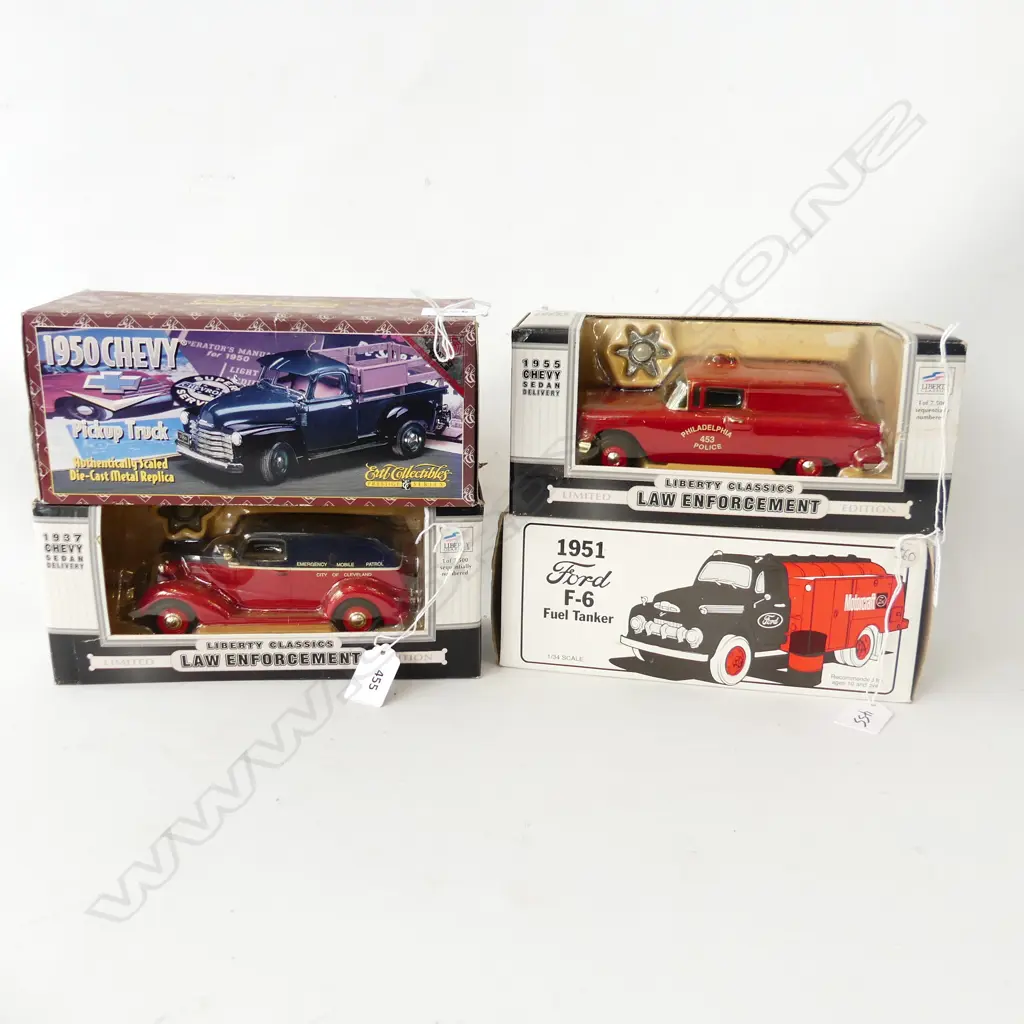 4 BOXED DIE CAST MODELS L240MM 51FORD FUEL TANKER 50 CHEVY PICK UP 37 CHEVY SEDAN 55 CHEVY POLICE  Image 1++