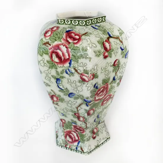 LARGE HEXAGONAL CHINESE ROSE CHINTZ VASE BY ALBION POTTERY, H.350mm